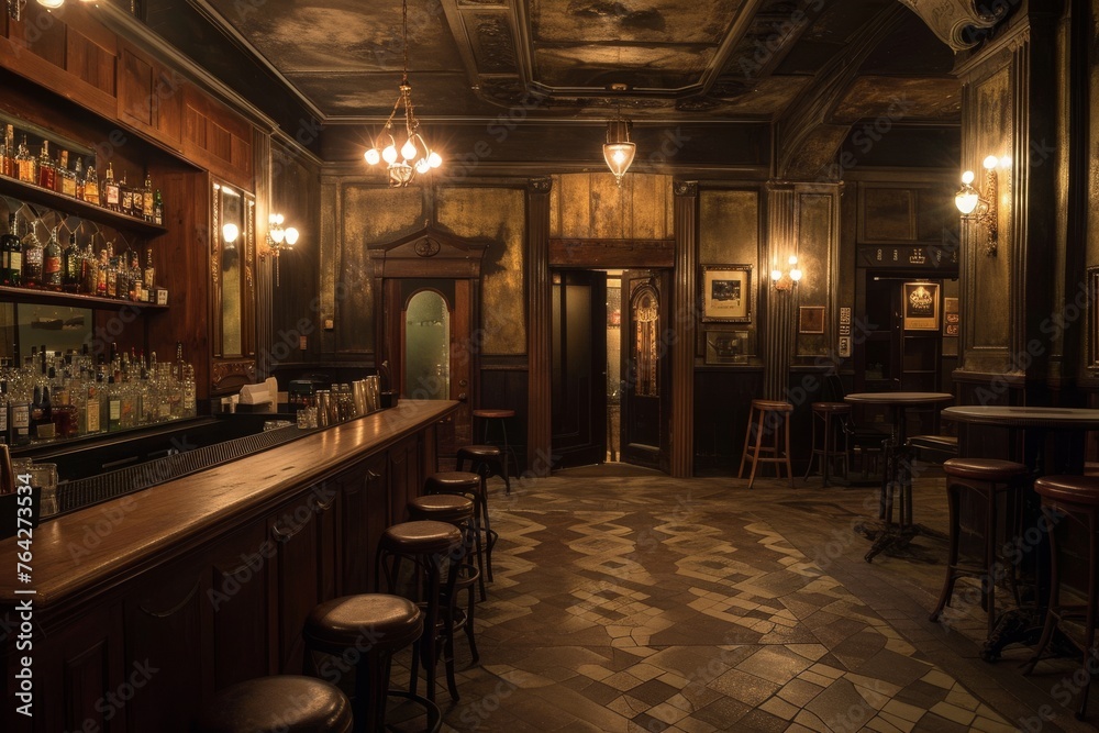 A dimly lit bar with a checkered floor, creating a cozy and nostalgic atmosphere, A 1920s Chicago speakeasy during prohibition, AI Generated