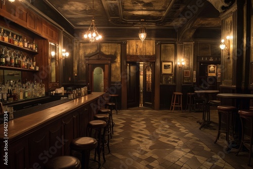 A dimly lit bar with a checkered floor, creating a cozy and nostalgic atmosphere, A 1920s Chicago speakeasy during prohibition, AI Generated
