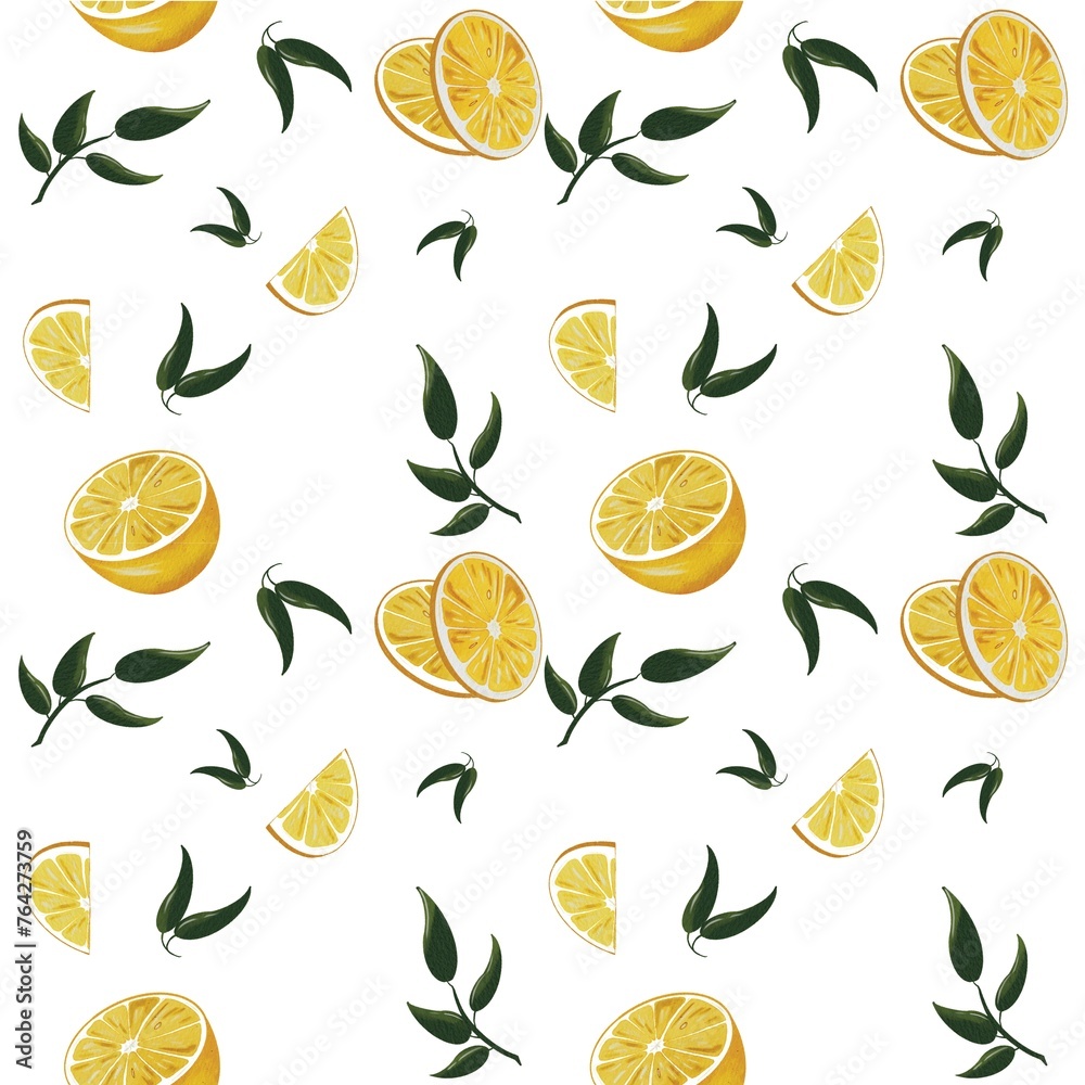 Pattern, with lemon and leaves, watercolor