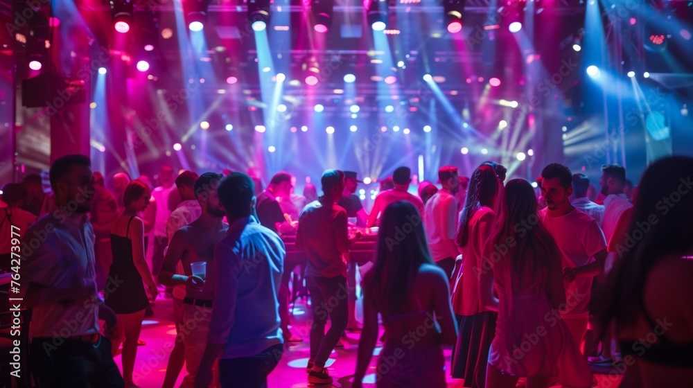 Lively Nightclub Scene Capturing the Essence of Youth and Celebration, Colorful Lights Setting the Mood