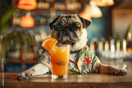 Charming Pug in Sunglasses Enjoying a Relaxing Day at a Tropical Beach Bar, Ready for Summer © Mirador