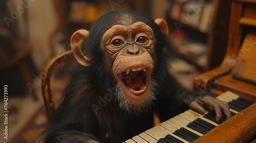 a chimpanzee plays the piano and sings © taraskobryn