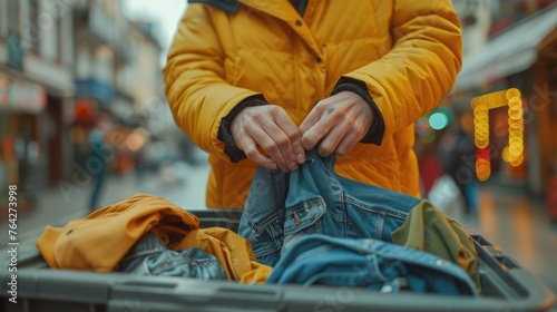 Close-up of a person's hands placing gently used clothing into a donation bin, with a focus on the act of giving, set against a backdrop of a busy city street, promoting urban recycling and charity