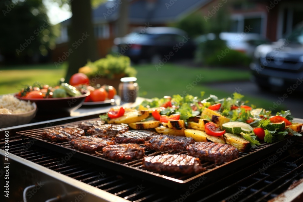 Cooking assorted food items on a grill outdoors