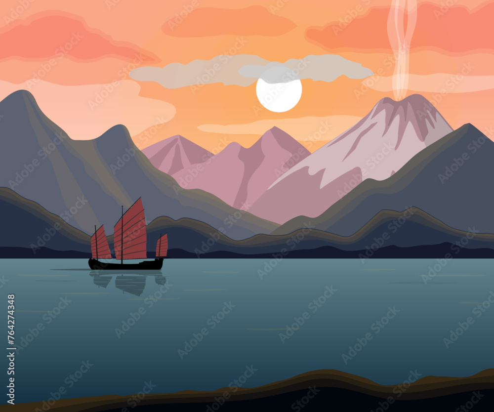 Mountain landscape with sea bay and asian junk boat, sunset, sunrise, vector illustration.
