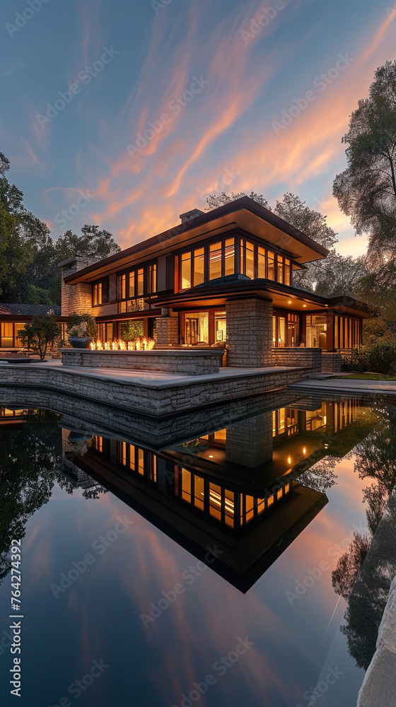 At twilight, a Craftsman house beside a tranquil reflective infinity pool, the sky and water merging at the edge