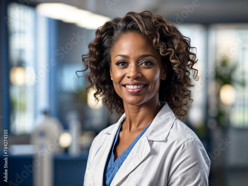 Portrait of confident mature female doctor on hospital background. African american woman. Empowered woman