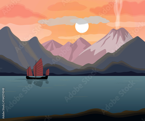 Mountain landscape with sea bay and asian junk boat, sunset, sunrise, vector illustration.
