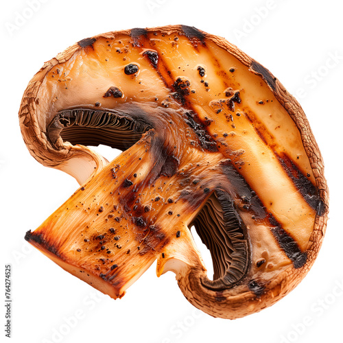 Grilled champignon mushrooms slices isolated on a white or transparent background. Grilled vegetables close-up. Eggplant slices with grill grid marks. Food photography design element. photo