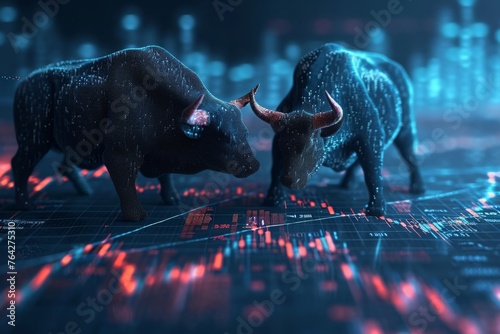 Two bulls stand face-to-face on a busy city street, displaying their strength and dominance in a captivating encounter, A bullish vs bearish market indicator graph, AI Generated