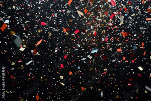 A vibrant and festive collection of confetti scatters widely across a sleek black surface, A burst of confetti against a black, star-studded sky, AI Generated photo