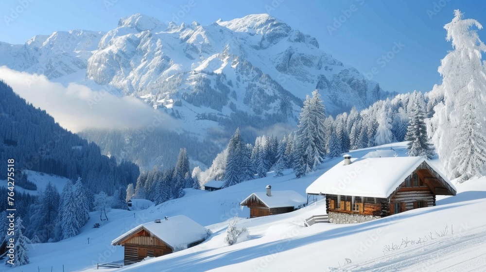 Snow Covered Mountain With Cabin