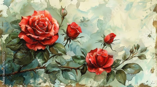 Three Red Roses on Blue Background