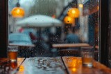Customers sitting under umbrellas at a restaurant on a rainy day, A cafe view on a rainy day with blurry rain-washed glass, AI Generated