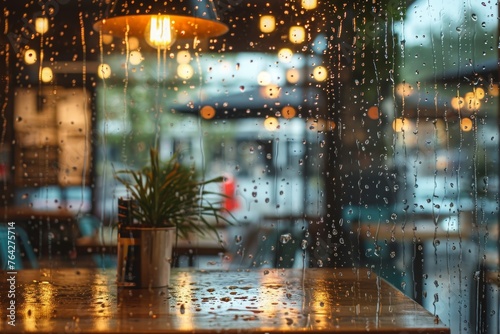 A table supporting a potted plant placed beside a window  creating a simple yet refreshing indoor arrangement  A cafe view on a rainy day with blurry rain-washed glass  AI Generated