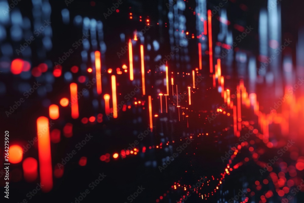A visually striking photo featuring a dynamic red and black background adorned with an abundance of bright lights, A candlestick chart depicting a week of Forex trading, AI Generated