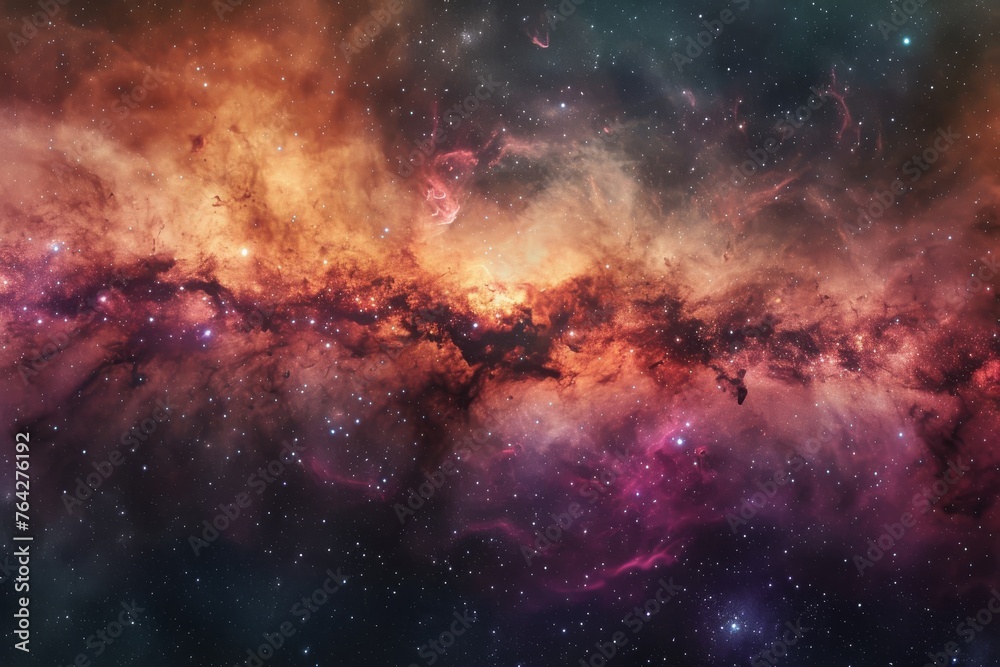 This photo captures a vibrant and star-filled space, A captivating panorama of interstellar cloud galaxies, AI Generated