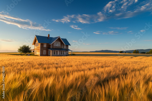 Craftsman house at dawn with a surrounding field of barley waving in the wind