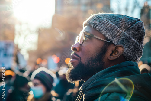 Thoughtful Man at Outdoor Gathering, Sunlight Casting Warm Glow on His Face. Candid Portrait amidst a Crowded Event in Urban Setting photo