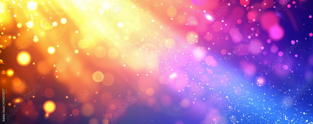 Abstract background with a gradient from warm yellow to cool blue, filled with glittering particles and bokeh, suggesting celebration and joyful moments. copyspace - obrazy, fototapety, plakaty 
