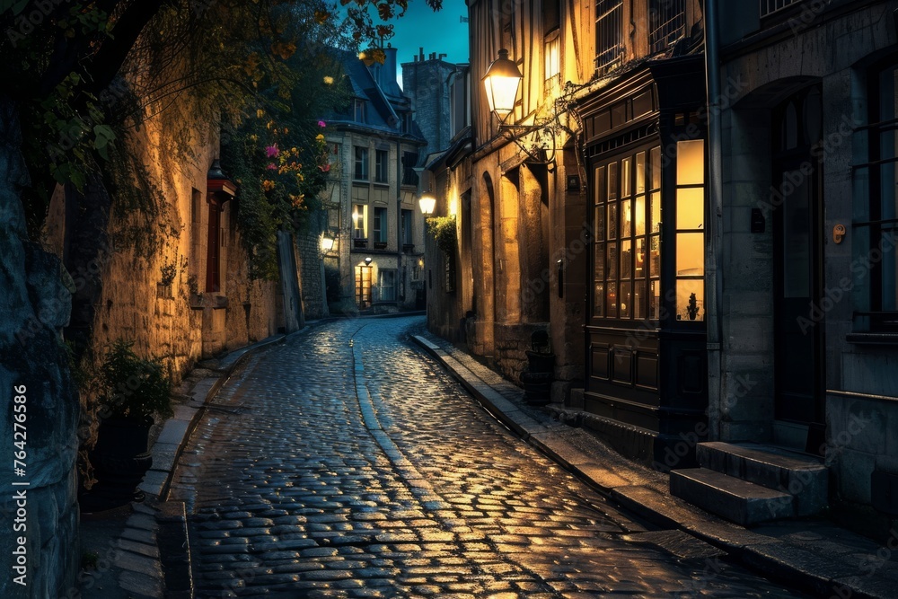 Cobblestone Street at Night in a European City, A charming cobblestone street in an old European city, lit by soft lanterns, AI Generated