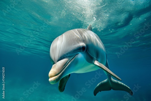 A dolphin gracefully swims beneath the surface of the ocean, displaying its natural agility and elegance, A charismatic portrait of a playful bottlenose dolphin, AI Generated © Ifti Digital