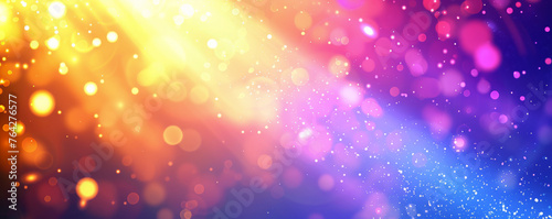 Abstract background with a gradient from warm yellow to cool blue, filled with glittering particles and bokeh, suggesting celebration and joyful moments. copyspace