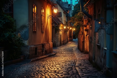 A city street made of cobblestones illuminated by streetlights during the evening, A charming cobblestone street in an old European city, lit by soft lanterns, AI Generated