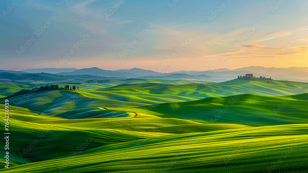 Naklejka premium Tuscan sunrise over rolling hills, idyllic countryside landscape, Italys beauty