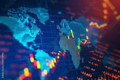 A detailed view of a world map displayed on a computer screen, showing continents, countries, and various geographic features, A chart reflecting global stock market trends, AI Generated