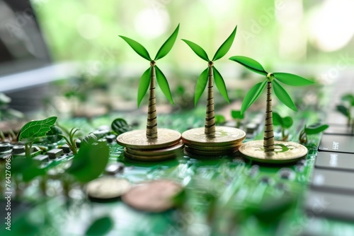 A photo capturing a green table covered with coins and surrounded by trees, A chart showing the performance of green energy investments, AI Generated