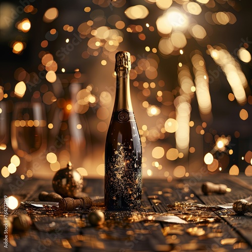 card - a bottle of sparkling wine, champagne on the table with golden glitter confetti. generative ai
