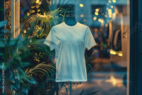 Blank White T-Shirt Display in a Storefront Surrounded by Tropical Plants