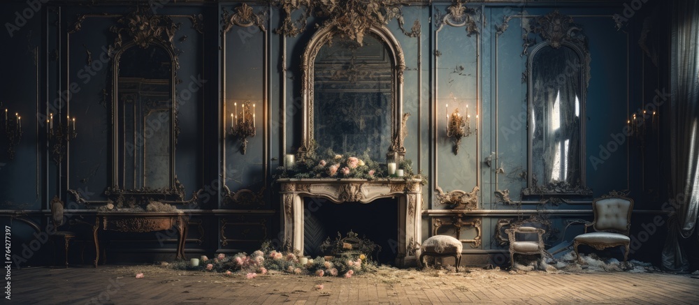 A detailed view of a warm and inviting fireplace with various types of flowers strewn across the floor