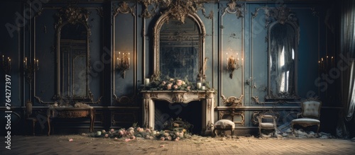 A detailed view of a warm and inviting fireplace with various types of flowers strewn across the floor