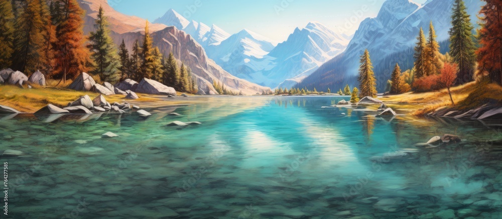 The painting depicts a peaceful mountain lake, encompassed by a handful of trees and rocky formations - obrazy, fototapety, plakaty 