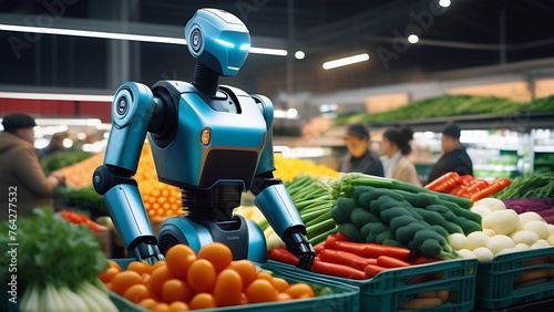 A humanoid robot made of blue metal body works in the market with vegetables and helps customers