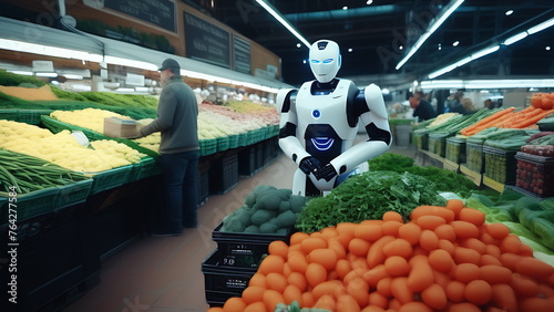 A humanoid robot employee of a vegetable market stands between the rows