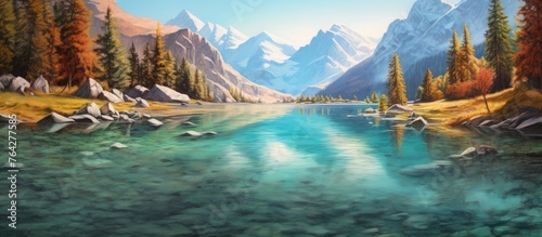 The painting depicts a peaceful mountain lake, encompassed by a handful of trees and rocky formations