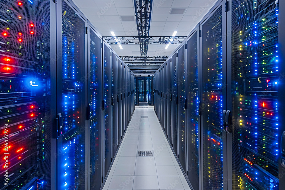 High-tech server room, digital networking and computing in a futuristic data center High-tech server room, digital networking and computing in a futuristic data center