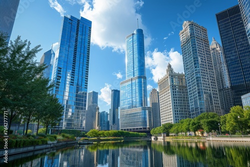 A photo of a body of water with tall buildings towering over it, A city skyline dominated by metallic, reflective skyscrapers, AI Generated