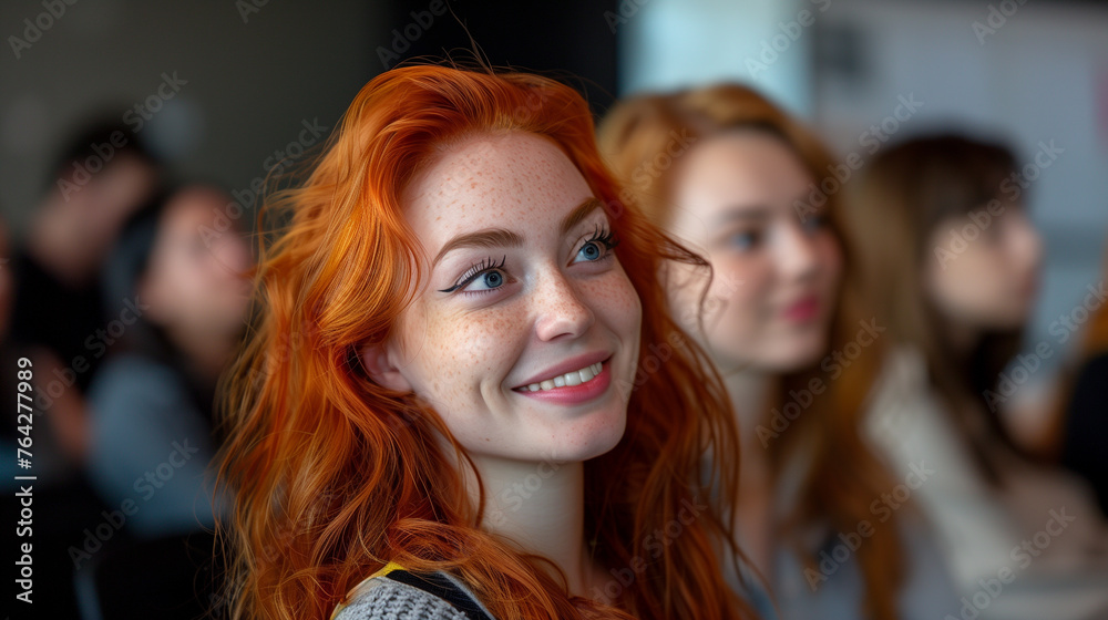 portrait of red hair 24 year old woman student smiling in class.