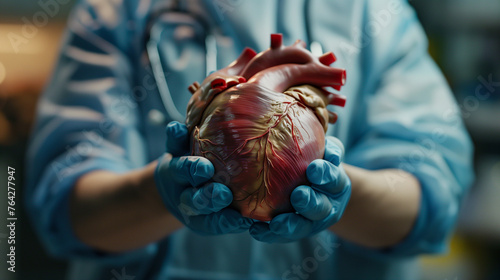 unrecognizable doctor with blue gloves holding a real heart. photo