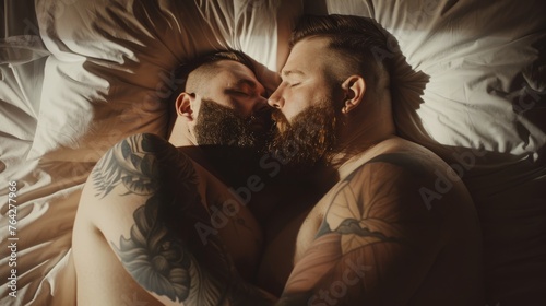 two cute portly and stocky with beard and buzz-cut hairstyle, cuddling each other, sleeping in a bed
 photo