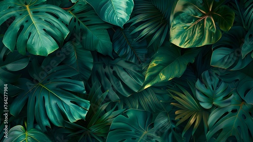Tropical green leaves background, Flat lay, top view