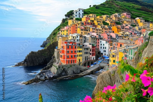 A vibrant village perched on a cliff, offering a breathtaking view of the ocean, A colorful Italian coastal village, AI Generated