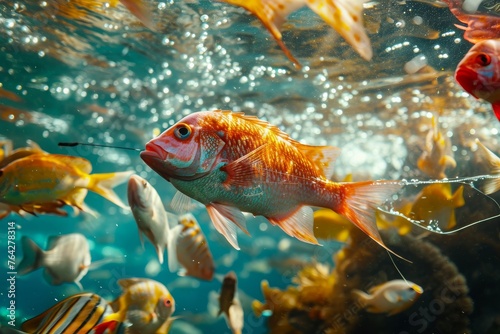 A bustling aquarium filled with a vast collection of fish swimming together, A colorful underwater scene portraying diverse fish species being lured by a fishing line, AI Generated