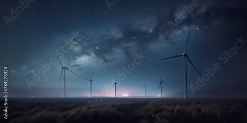 Wind turbine on field at sunset, silhouettes on dark blue night sky background