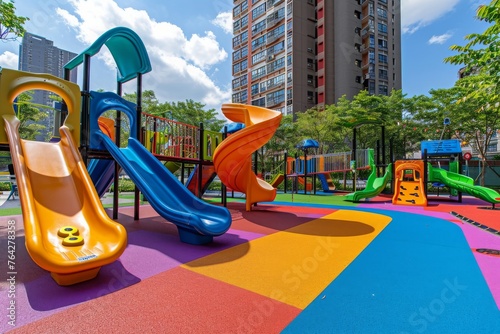 A vibrant and lively playground in a city park, filled with children actively playing on swings, slides, and climbing structures, A colorful, vibrant playground with slides and swings, AI Generated photo