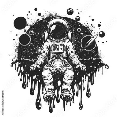 A black and white drawing of an astronaut standing in front of a planet. The astronaut is wearing a spacesuit and has a sticker on his chest. The image has a moody and mysterious feel to it
